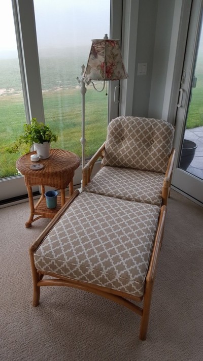 Sunroom Design Reupholstered Chair and Ottoman